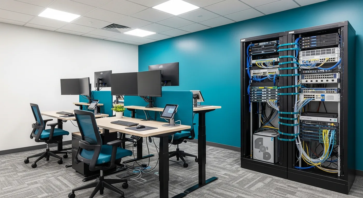 Professional office network setup with server rack