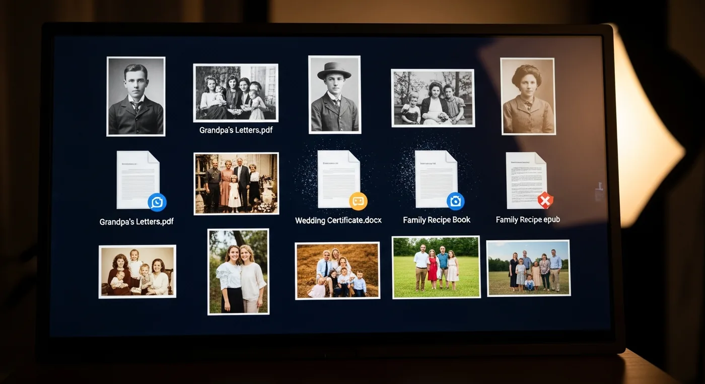 Recovered family photographs and documents on screen